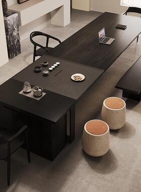 实木茶桌茶台烧水壶一体嵌入式黑色侘寂风原木大板长条桌办公桌
