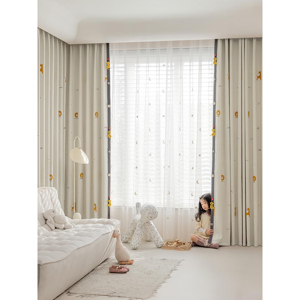 新儿童房间窗帘的男孩和女孩卧室雪尼尔遮光绣花海湾窗自定义窗纱