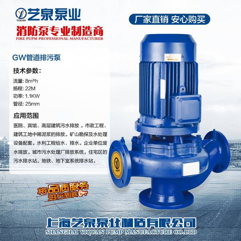 厂家上海艺泉G式W立式管道式排污泵提升泵 无塞污水管堵道泵心增