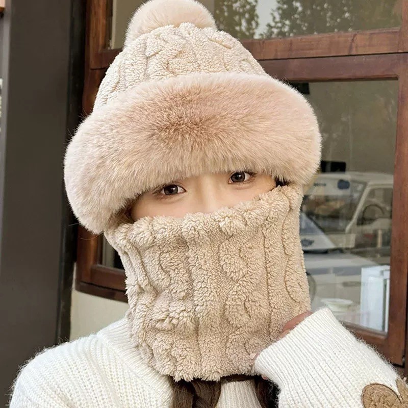 帽子女冬季毛线针织一体帽提花加帽子