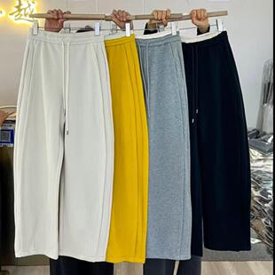 韩系小众松紧高腰杏色加绒加厚运动休闲前开刀毛巾裤 21731