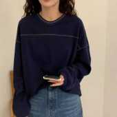 宽松显瘦圆领衫 韩国egg鸡蛋家明线长袖 T恤2024初秋新款 女21533