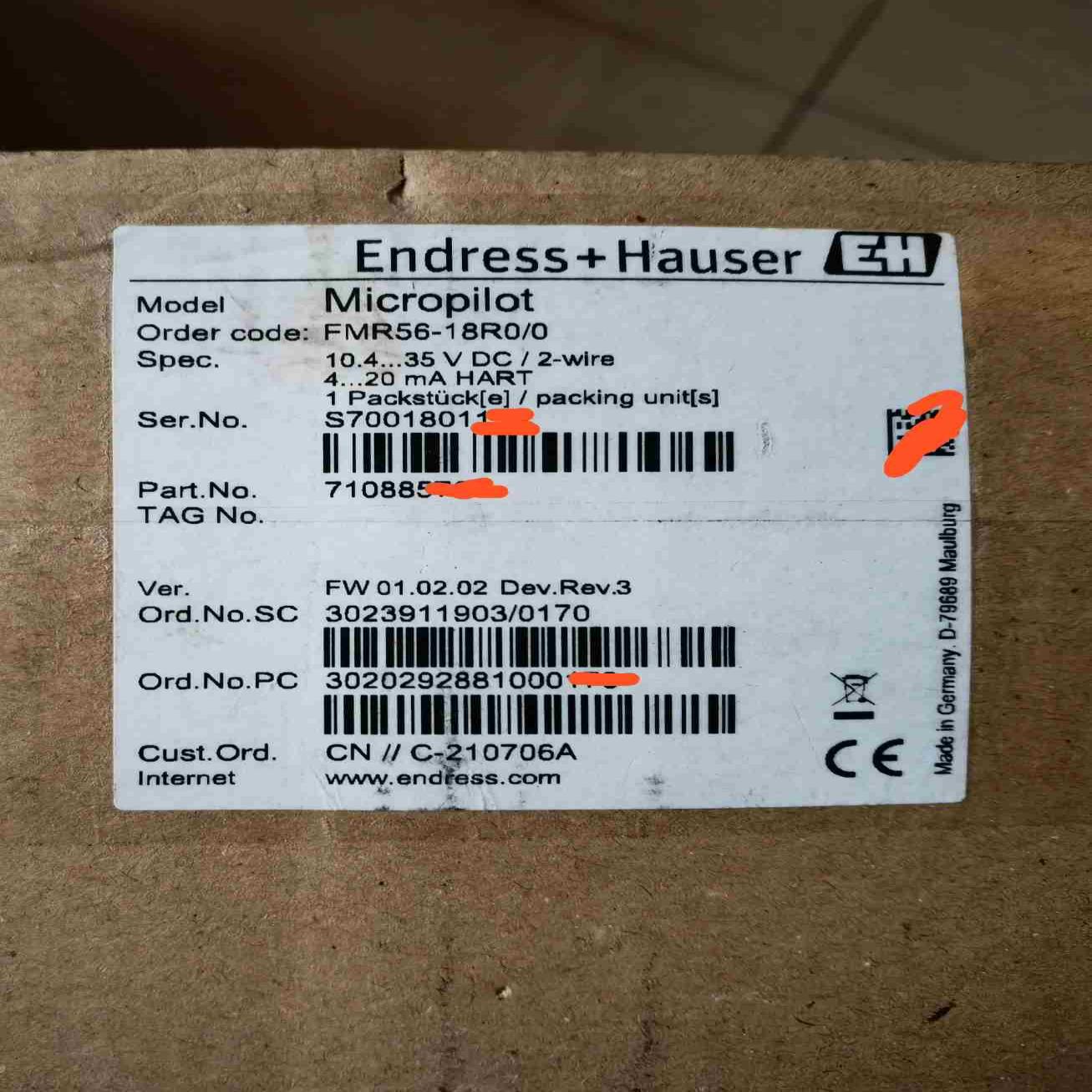 议~E+H雷达物位计FMR56-18R0/0带包装