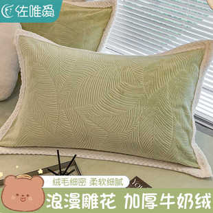 纯色牛奶绒枕套成人珊瑚绒枕头套一对家用加厚绿色枕芯内胆套 冬季