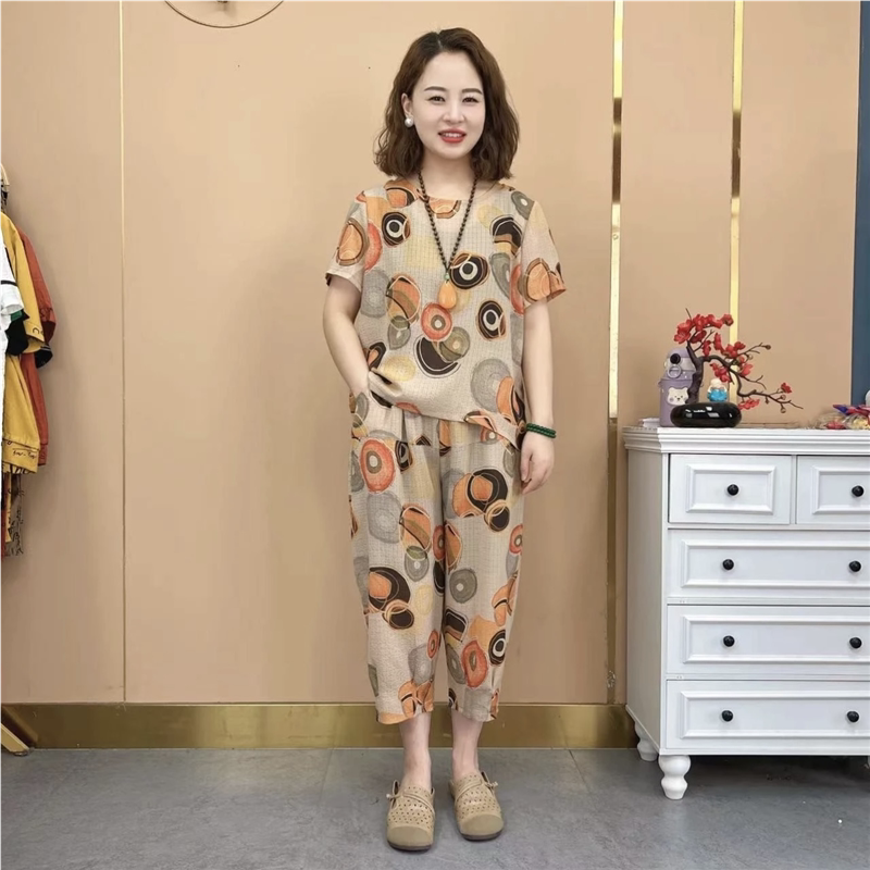 中老年女装印花短袖棉麻套装女2025夏季新款妈妈装休闲大码两件套