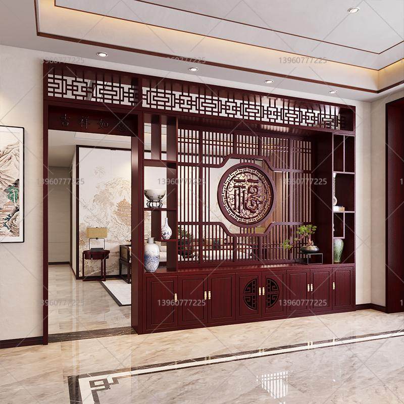 乌金木新中式屏风隔断实木玄关进门入户月洞门置物架现代艺术拱门