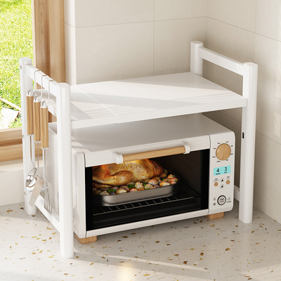 可伸缩厨房置物架微波炉烤箱架子家用白色三层桌面台面电饭锅收纳