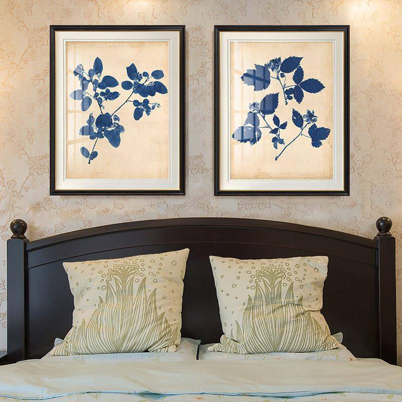 简美餐厅书房背景植物挂画卧室床头画蓝色树叶装饰画美式饰品墙画图片