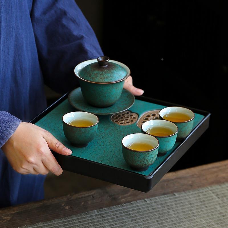 春澜陶瓷茶盘日式复窑变绿古小号松石蓄水储水式干泡盘台茶CLCP20