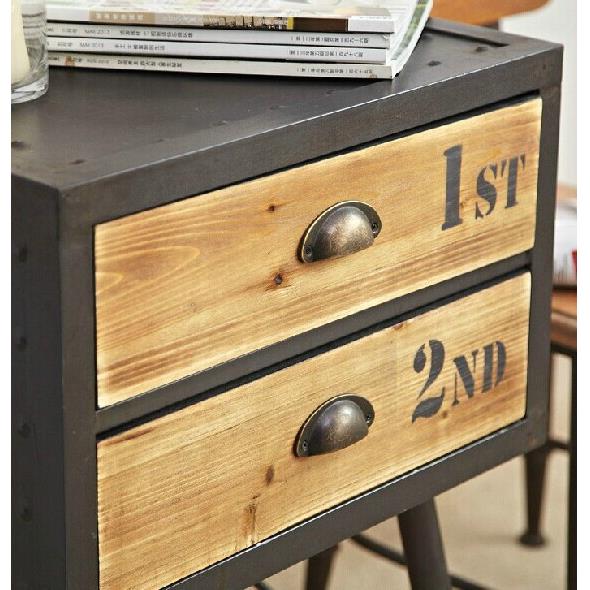 无品牌/复古实木铁艺卧室床头柜抽创意2斗柜纳柜店实木酒屉置物收