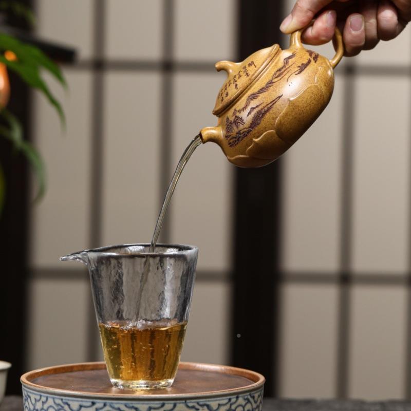 宜兴金紫刻砂壶龙骨砂名家手工绘99莲花茄瓜精美茶壶茶具代