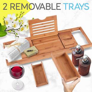 机木质浴缸置物架家浴用室泡澡红酒手收木纳架可伸311缩竹浴缸架