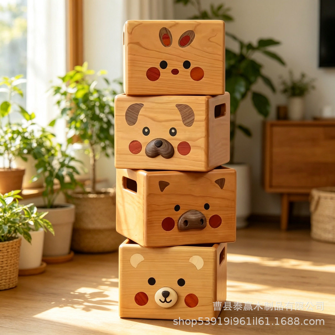 樱桃木动物形象杂物收纳框可爱创意收纳筐卡通创意家居实木收纳盒
