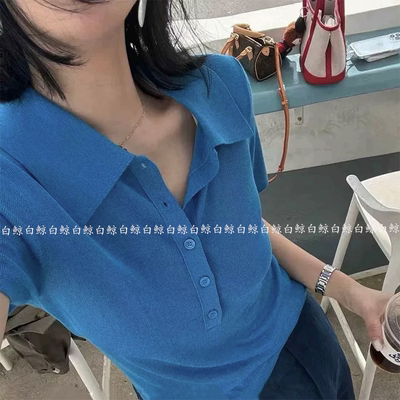 2026夏季新款翻领纽扣短袖针织衫女蓝色修身显瘦气质上衣0507