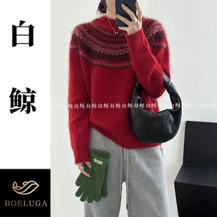 费尔岛风绵羊毛圆领套头毛衣女红色复古提花针织衫慵懒风2917