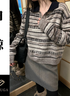 复古撞色POLO领条纹针织衫女套头毛衣通勤风上衣2879