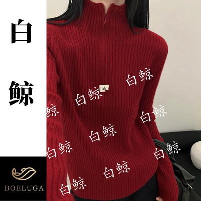 2025新款全羊毛立领拉链针织衫女红色显瘦保暖毛衣极简2887