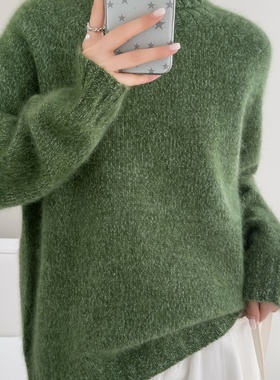 慵懒风羊毛高领长袖针织衫女绿色宽松毛衣秋冬2816