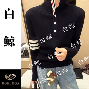 老钱风立领绞花针织衫 休闲风2825 女深蓝色毛衣韩式