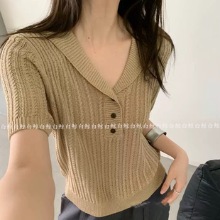 套头薄款 女夏季 毛衣米杏色0499 V领纽扣针织衫 法式