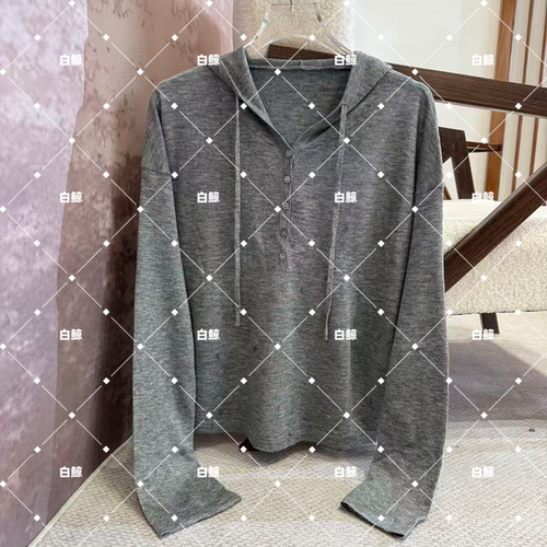 慵懒风连帽针织衫女秋季灰色套头宽松百搭毛衣上衣0894