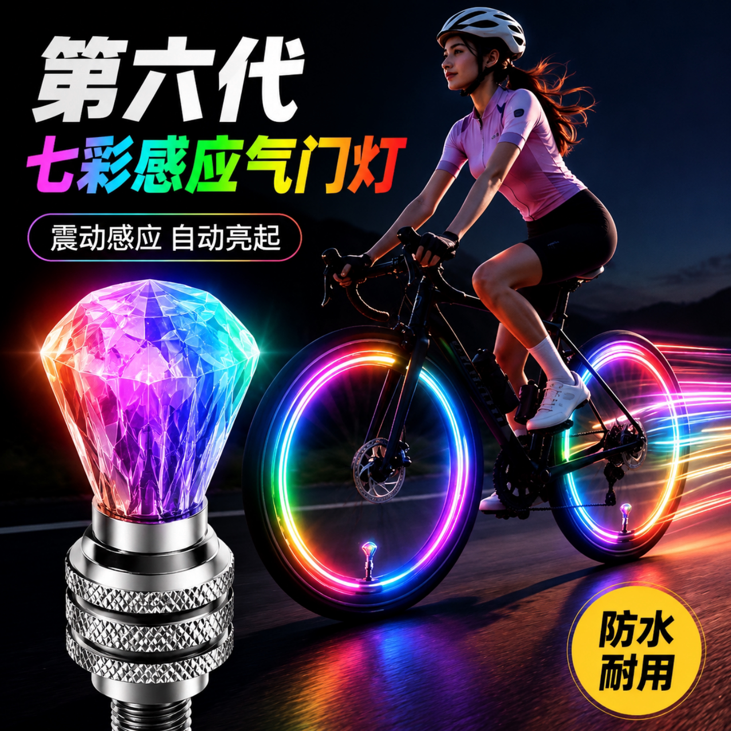 自行车气门灯震动感应七彩气嘴灯山地车装备风火轮车轮夜骑闪光灯