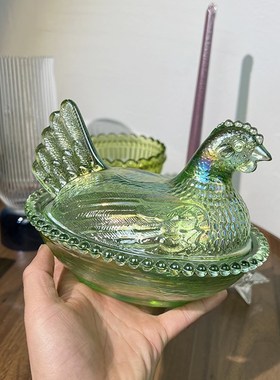 美单外贸出口玻璃糖盅绿色母鸡摆件装饰I重工糖缸艺术装饰品工艺