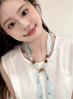 韩系文艺小碎花串珠丝巾项链