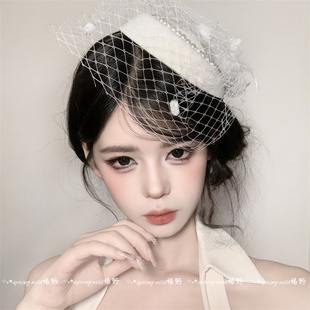 民国千金白色网纱小礼帽法式赫本风名媛气质面纱头饰晚宴礼服发饰