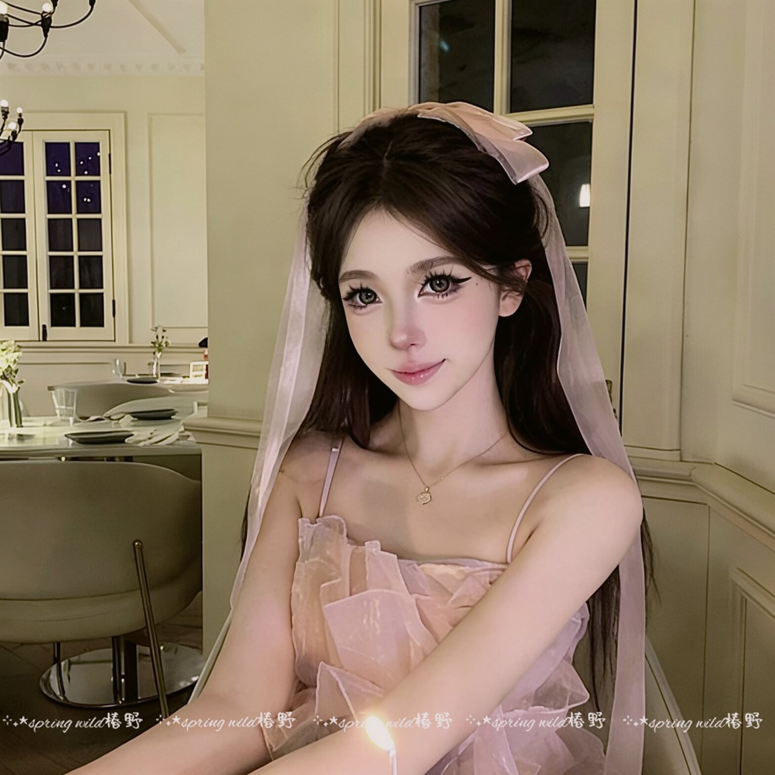 甜美粉色蝴蝶结薄纱飘带发夹后脑勺盘发夹生日拍照氛围感丝带发饰