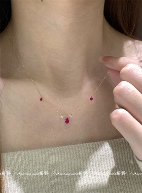 玫红宝石水滴闪钻极细项链