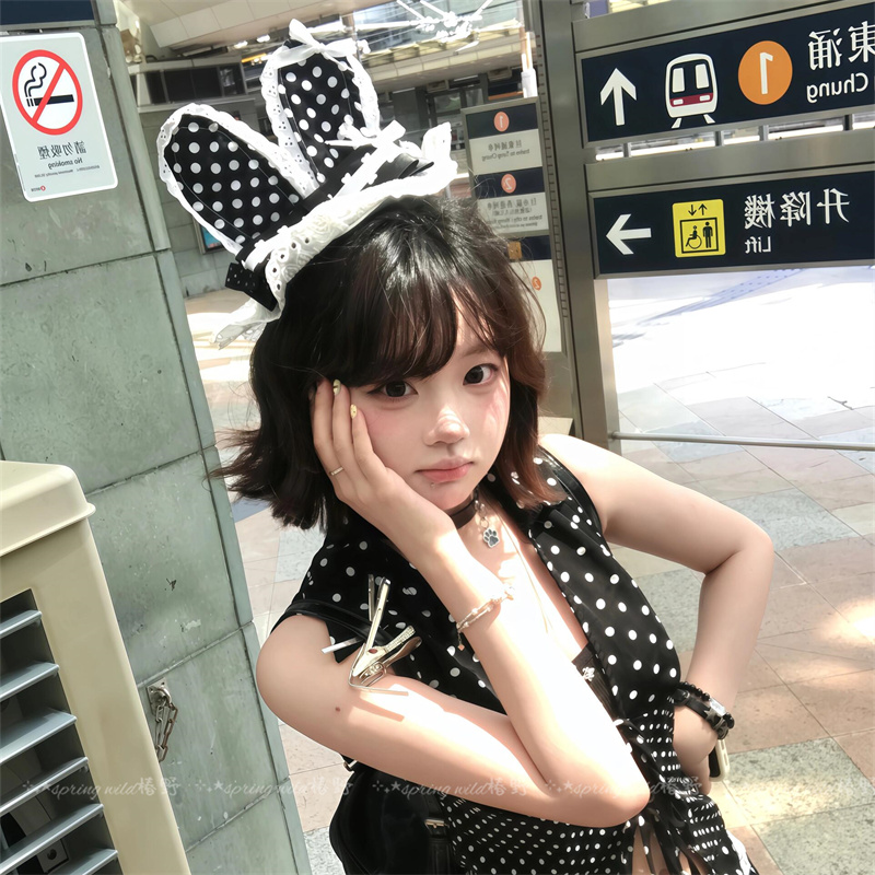 日系甜美黑白波点蕾丝兔耳发夹