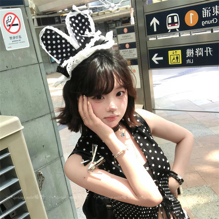 日系甜美黑白波点蕾丝兔耳发夹可爱少女lolita发卡高级感新款发饰