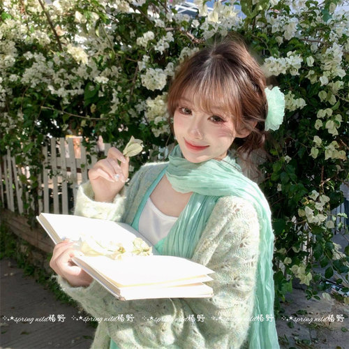 文艺清冷感薄荷绿棉麻褶皱丝巾