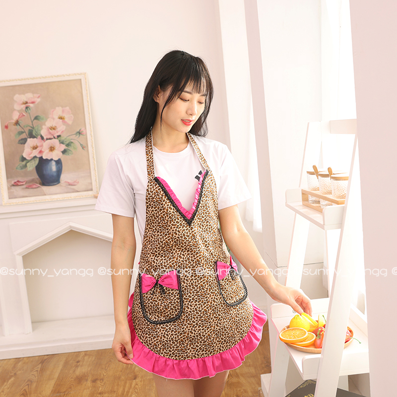 韩版时尚小豹纹田园风家w用透气厨房纯棉无袖可爱做饭小围裙
