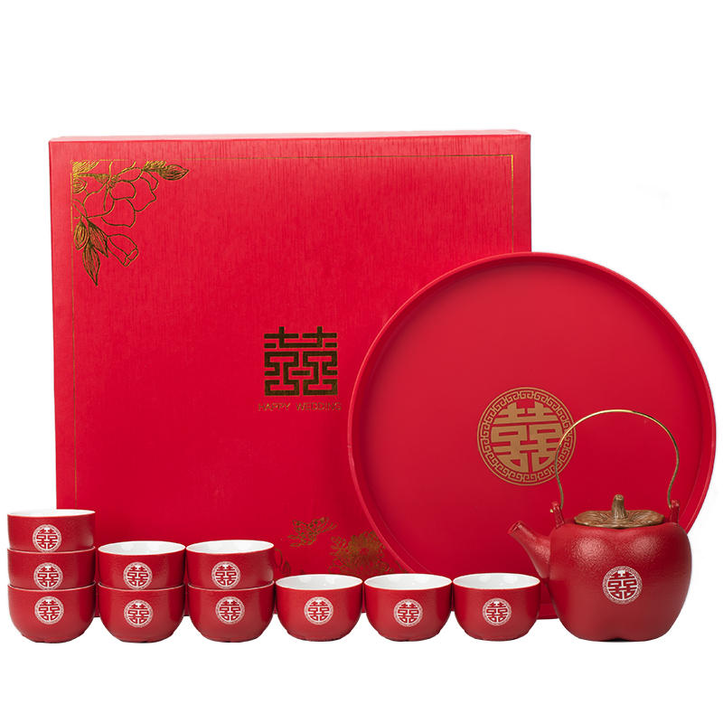 中式结婚茶具陶i瓷红色敬茶杯婚庆陪嫁敬茶壶奉茶改口茶杯新婚礼