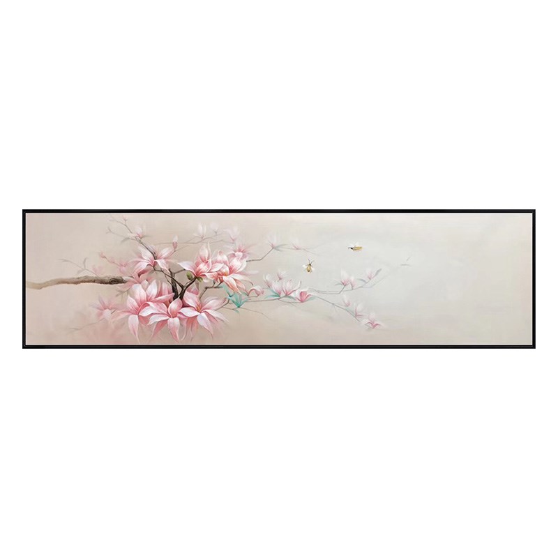 纯手绘花卉油画木兰花鸟客厅茶室挂画卧室床N头横版长条温馨装饰图片