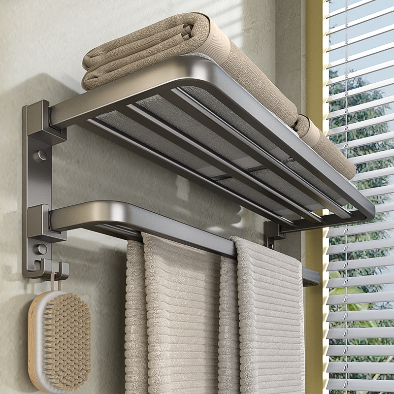 免打孔毛巾架卫生间枪灰色太空铝浴室置物K架厕所浴巾架壁挂洗手