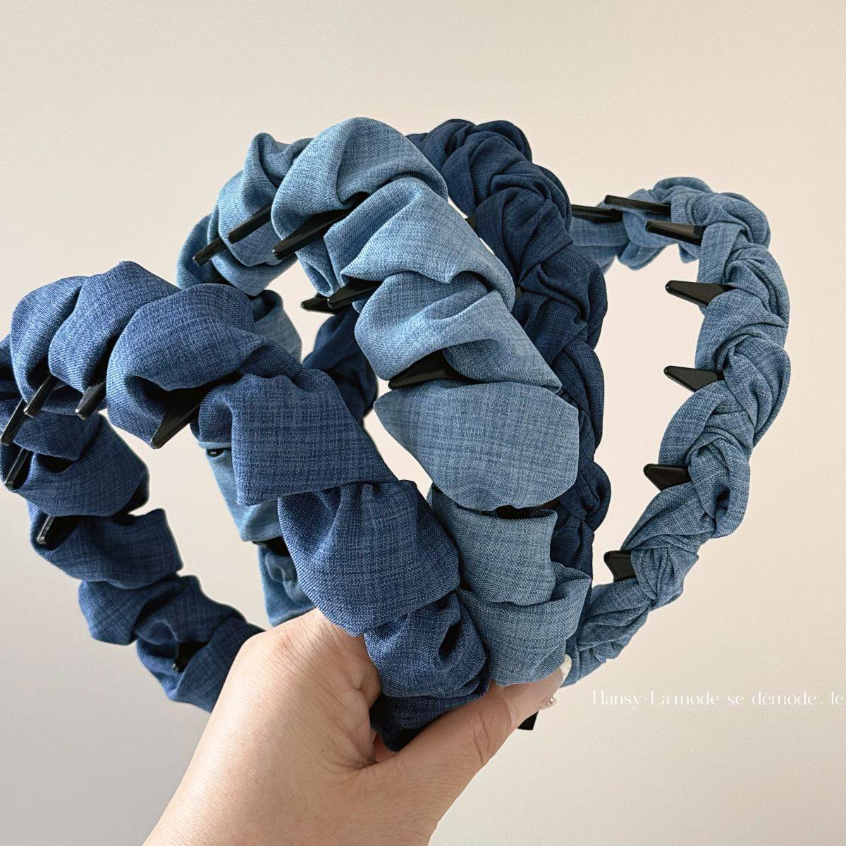 牛仔长齿箍新款麻花辫子牛仔蓝甜酷氛围感发箍云朵泡泡高颅顶发箍