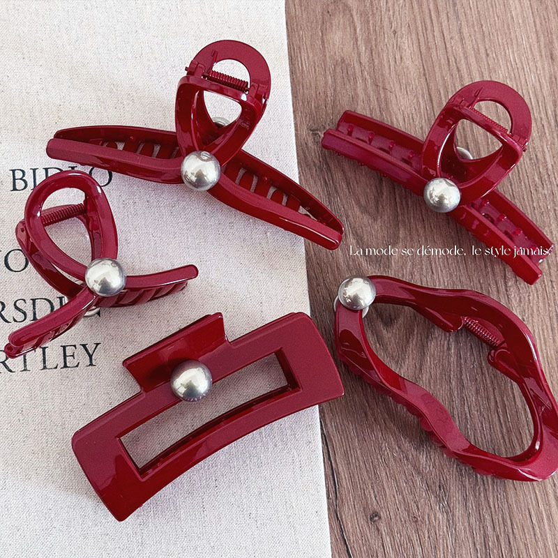 新年节日氛围感香槟珍珠红色抓夹喜庆新款后脑勺盘发发夹发饰