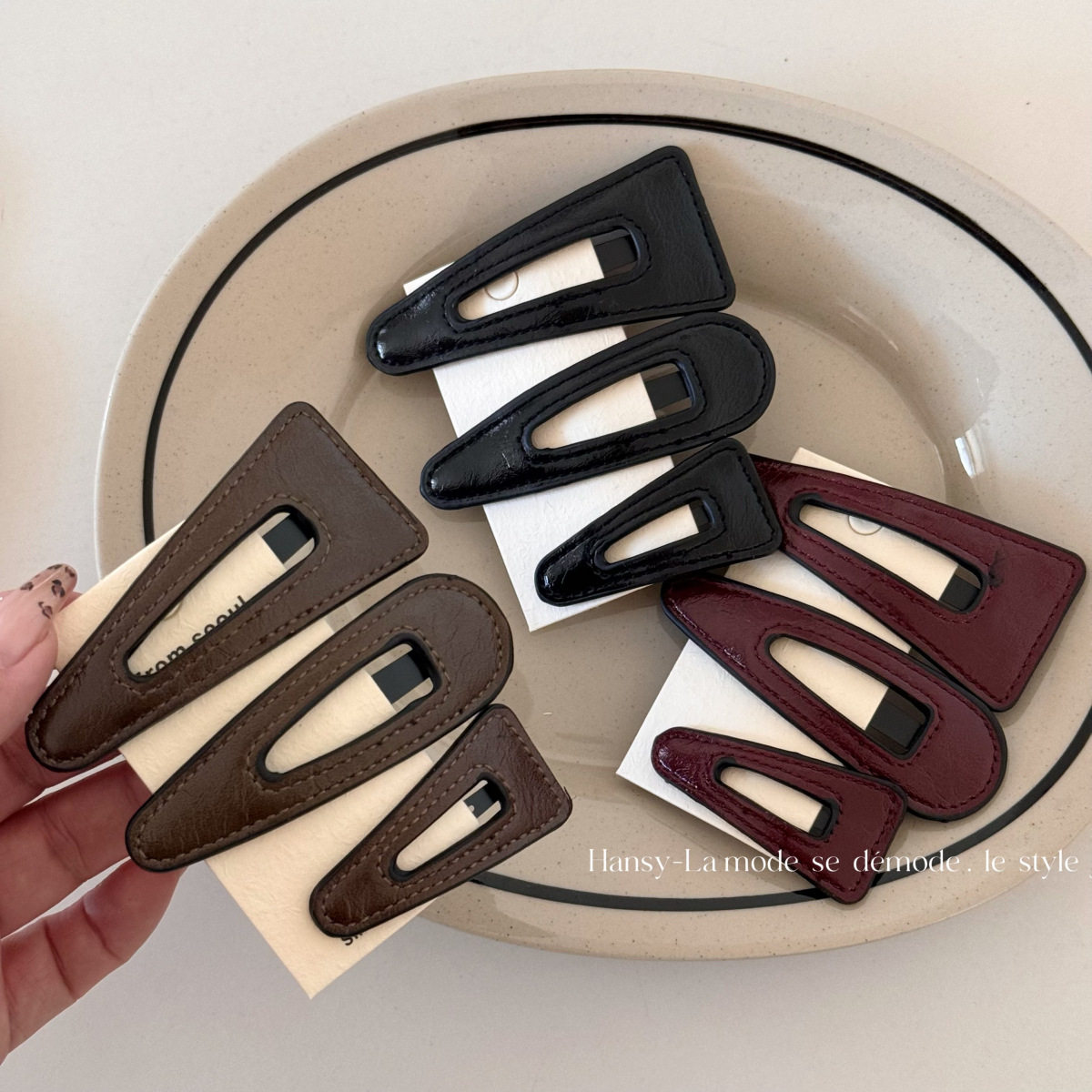 韩版PU皮质水滴三角几何长方形BB夹刘海夹简约时尚发夹边夹新款女