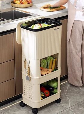 厨房垃圾桶带盖多层落地式滚轮可移动家用浴室多功能置物架收纳桶
