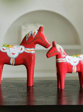 手绘红马摆件瑞典达拉木马红色木质对马家居客厅装饰小摆设工艺品