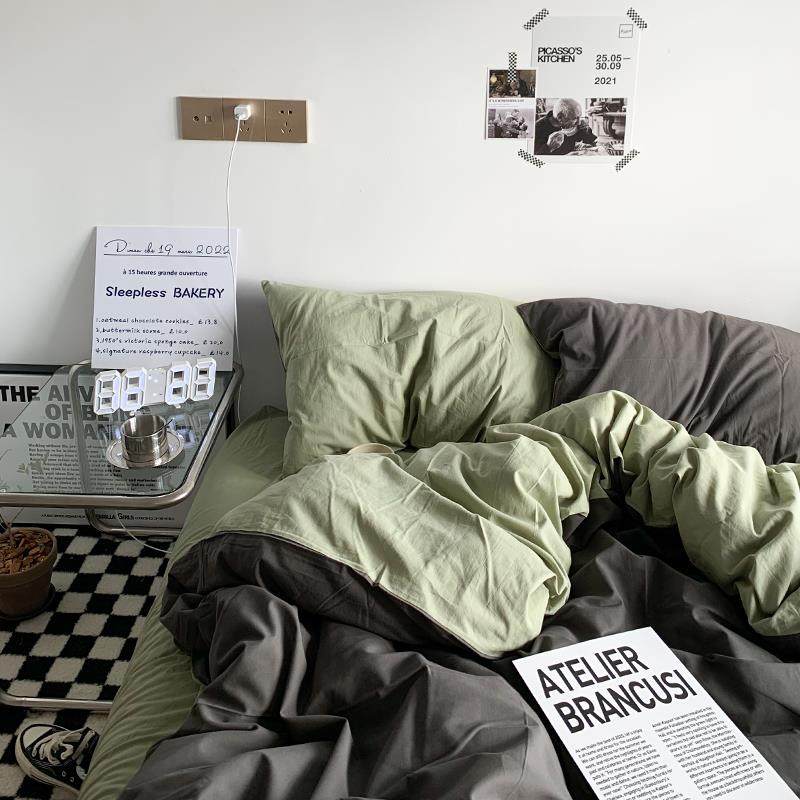 小清新治愈系纯色双拼混搭风水洗棉四件套床单ins简约三件套被套