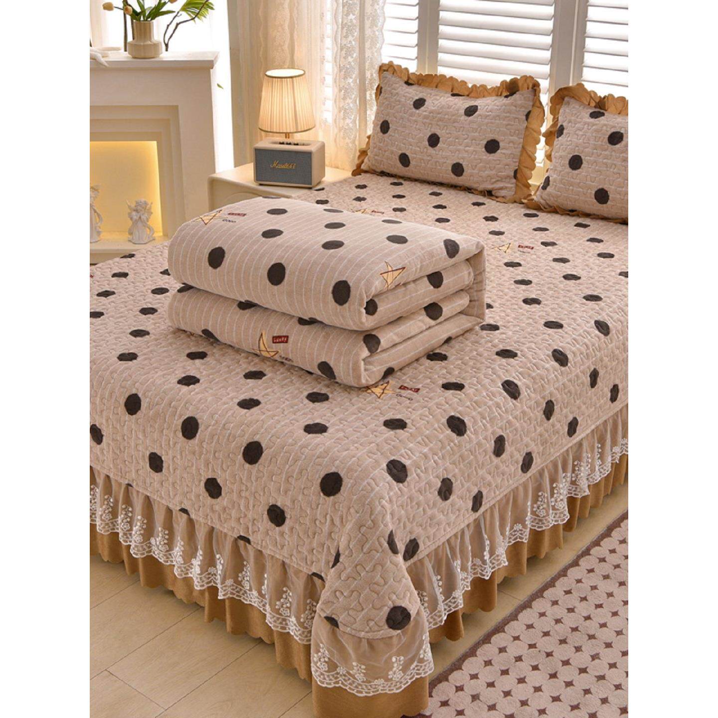 牛奶绒夹棉加厚床盖单件双层蕾丝花边秋冬保暖绒床单被套四件套