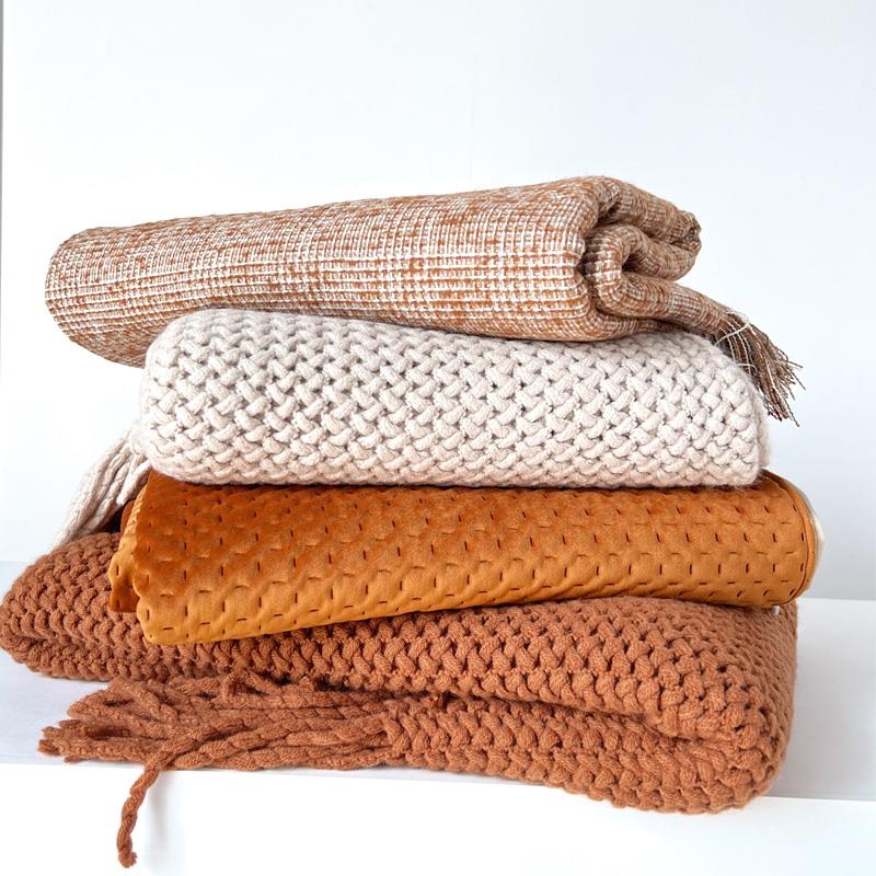 轻奢橙色床尾毯床尾巾橘色沙发搭毯焦糖色床搭民宿床毯装饰毯子