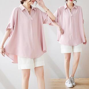 2026夏新款大码女装纯色宽松遮肚胖mm中长款雪纺上衣短袖衬衫