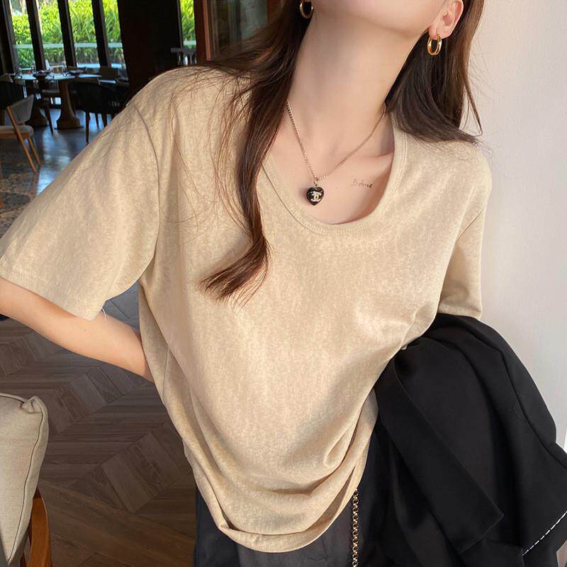 短袖女夏季薄款2026年新款宽松v领t恤白色半袖上衣
