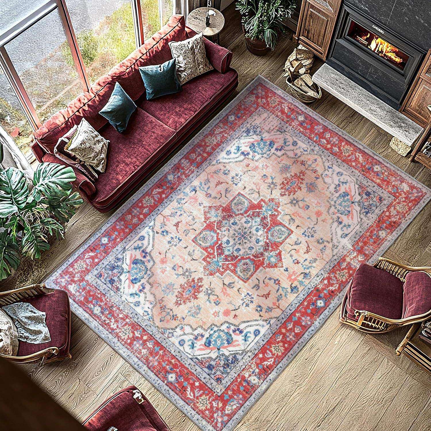 红色欧式印花仿羊绒中古风可机洗卧室沙发茶几客厅大面积地毯地垫