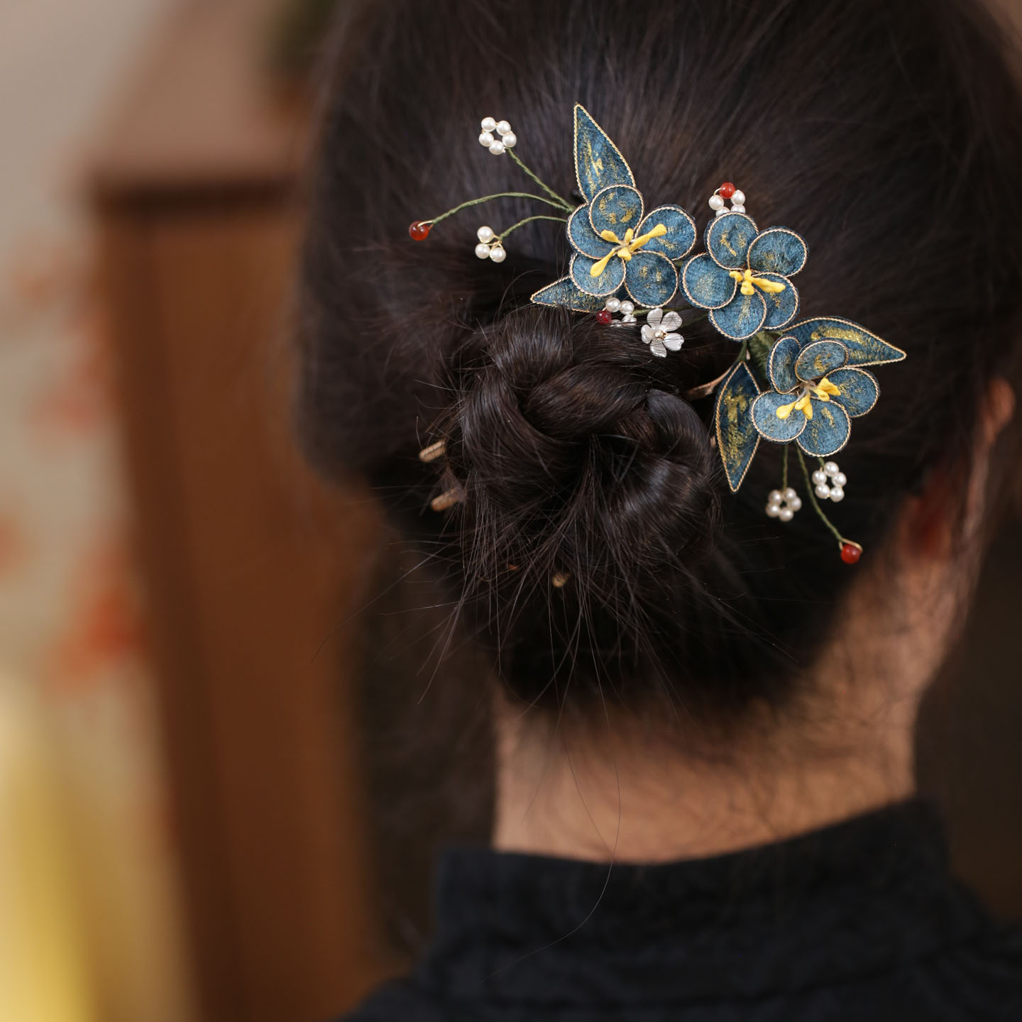 中式蓝色花朵插梳汉服发簪头饰品图片